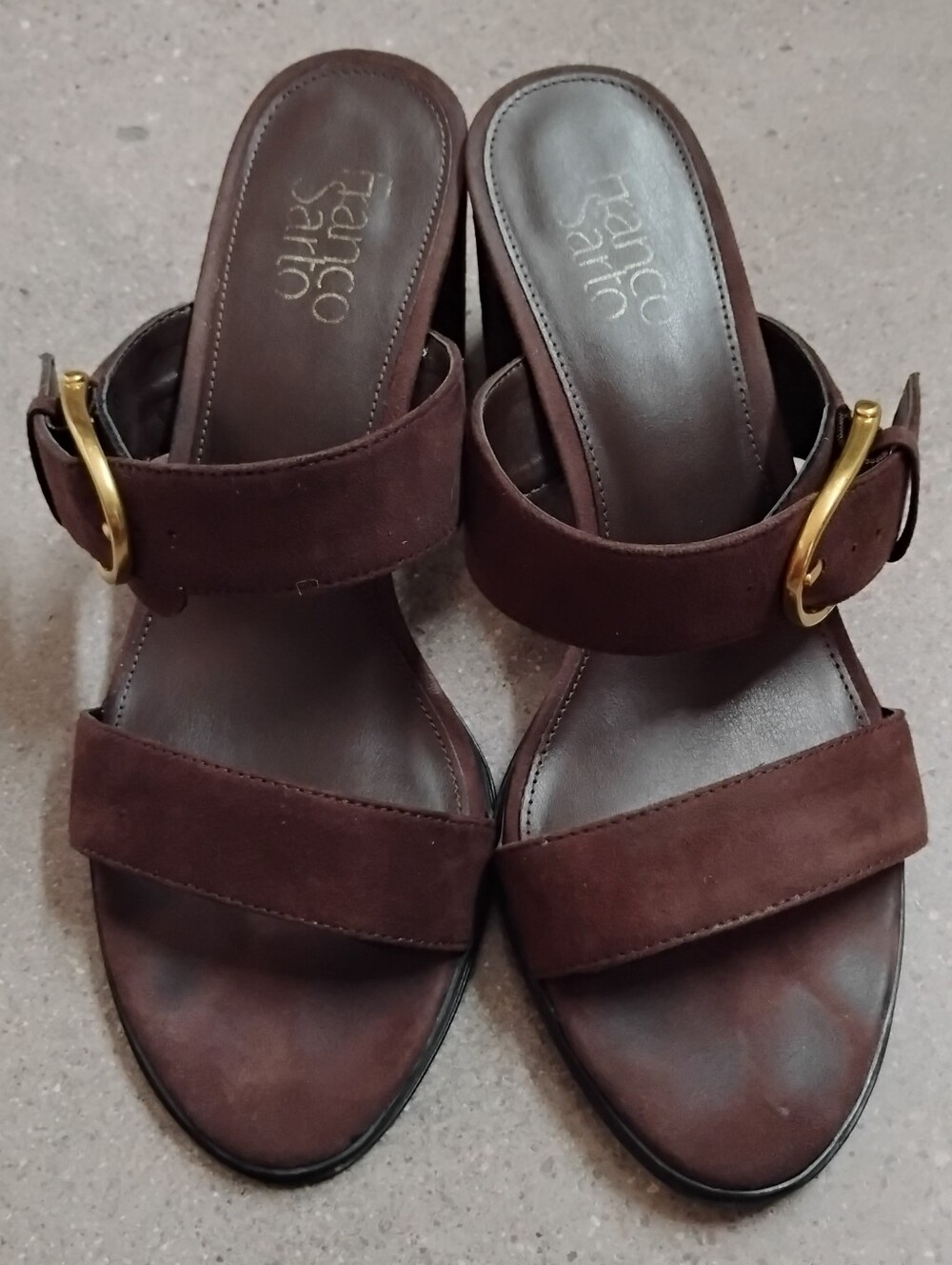 Franco Sarto Dark Brown Suede Buckle Mules